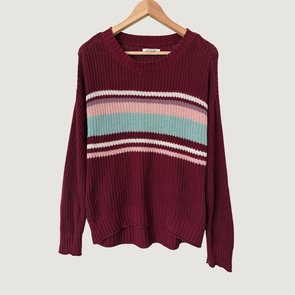 American Eagle Women XS Burgundy Striped Crewneck Knit Sweater Maroon Oversized